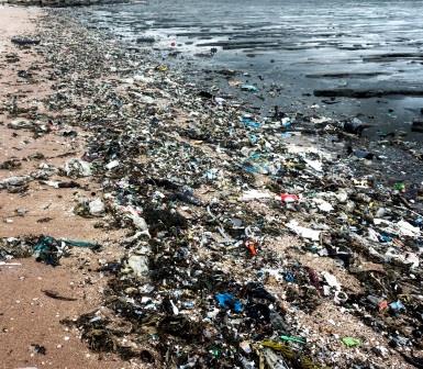 angespülte Abfälle und Plastikmüll am Strand